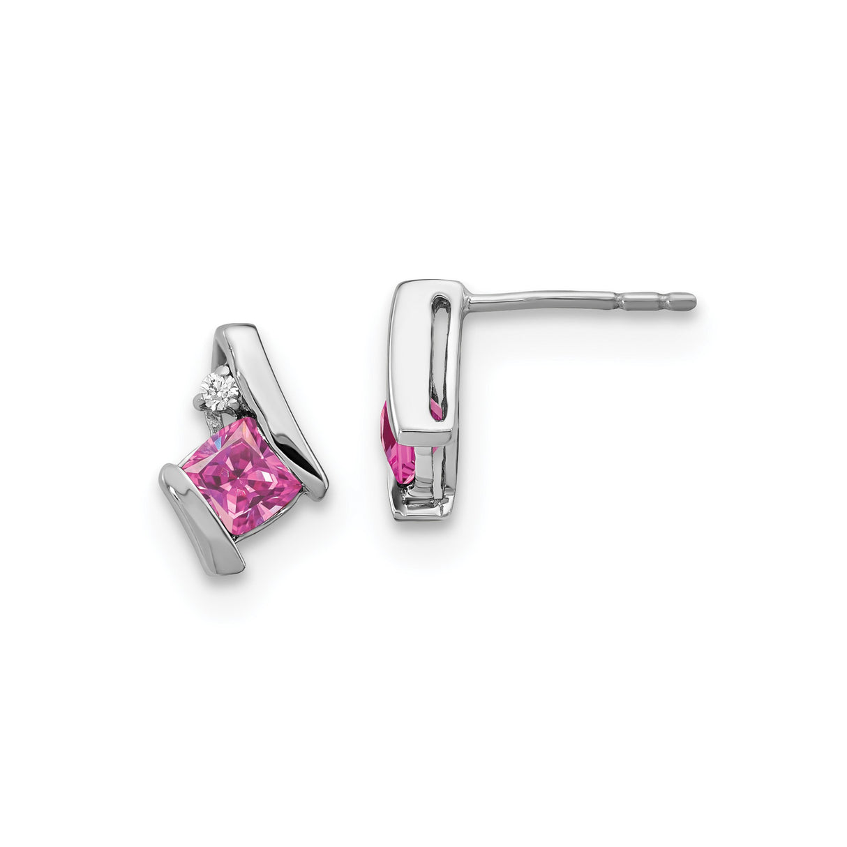Sterling Silver Stud Earrings with Created Pink Sapphire and Diamond Accents, Modern Design