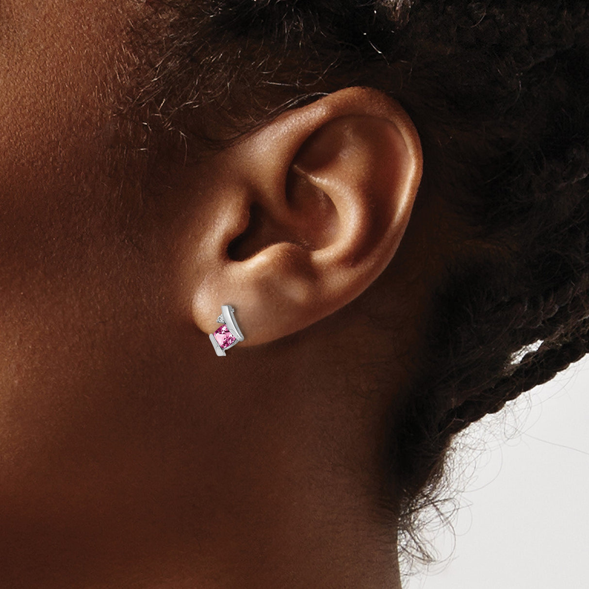 14k White Gold Stud Earrings with Cushion Cut Created Pink Sapphire and Diamond Accents