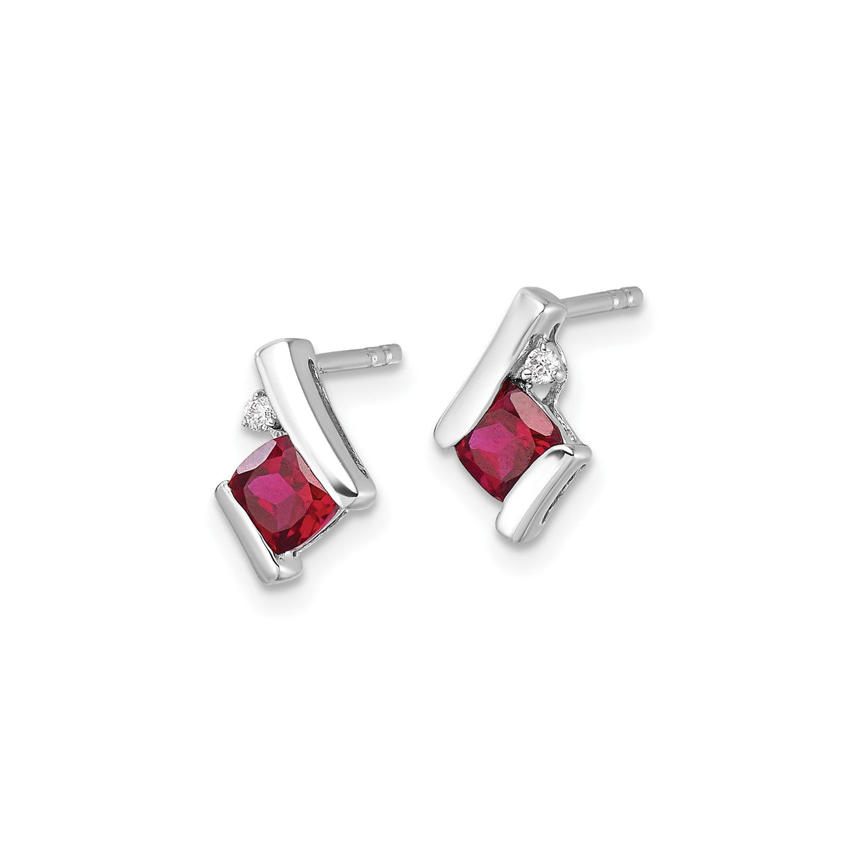 10k White Gold Stud Earrings with Cushion Cut Created Ruby and Diamond Accents