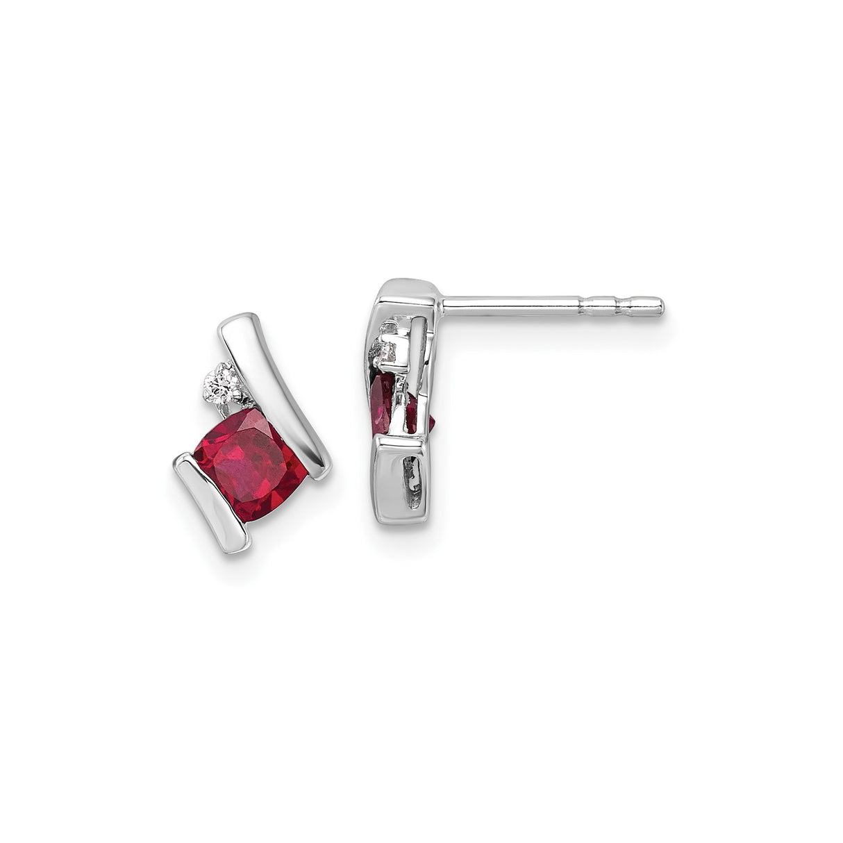 10k White Gold Stud Earrings with Cushion Cut Created Ruby and Diamond Accents