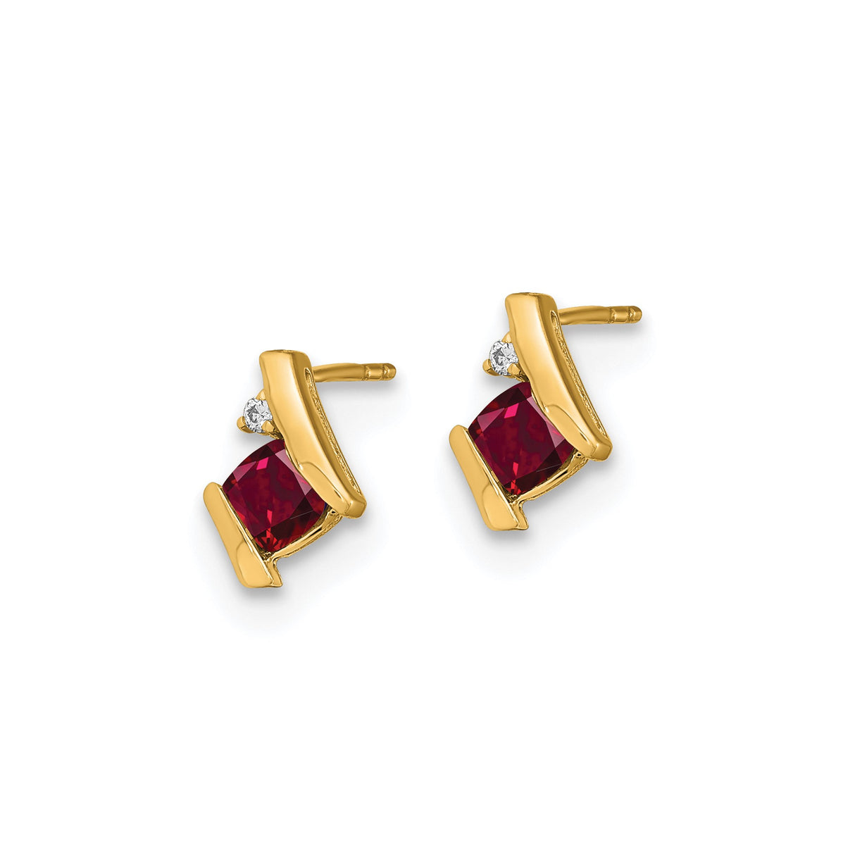 10k Yellow Gold Stud Earrings with Cushion Cut Created Ruby and Diamond Accents, Modern Angled Design
