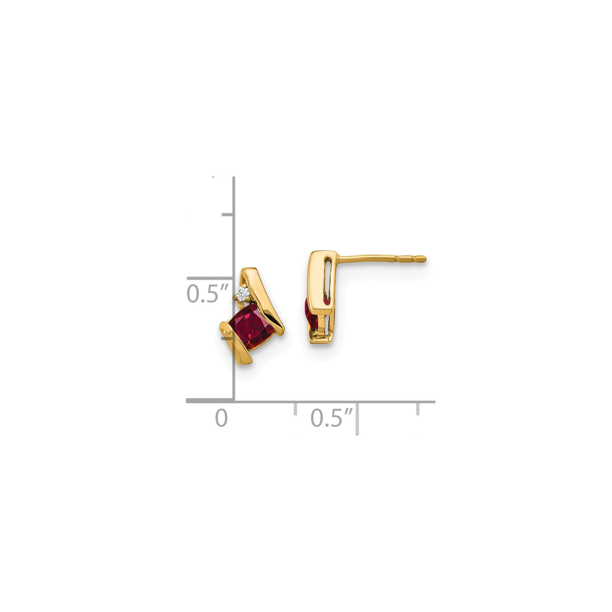 10k Yellow Gold Stud Earrings with Cushion Cut Created Ruby and Diamond Accents, Modern Angled Design