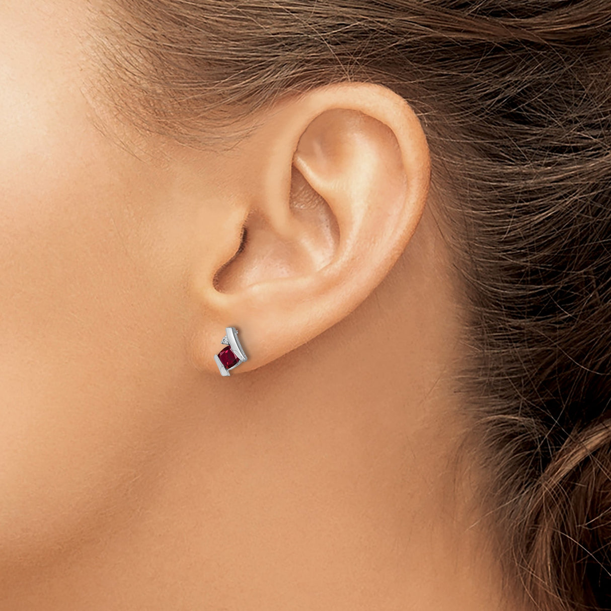 14k White Gold Stud Earrings with Created Ruby and Diamond Accents, Modern Square Design