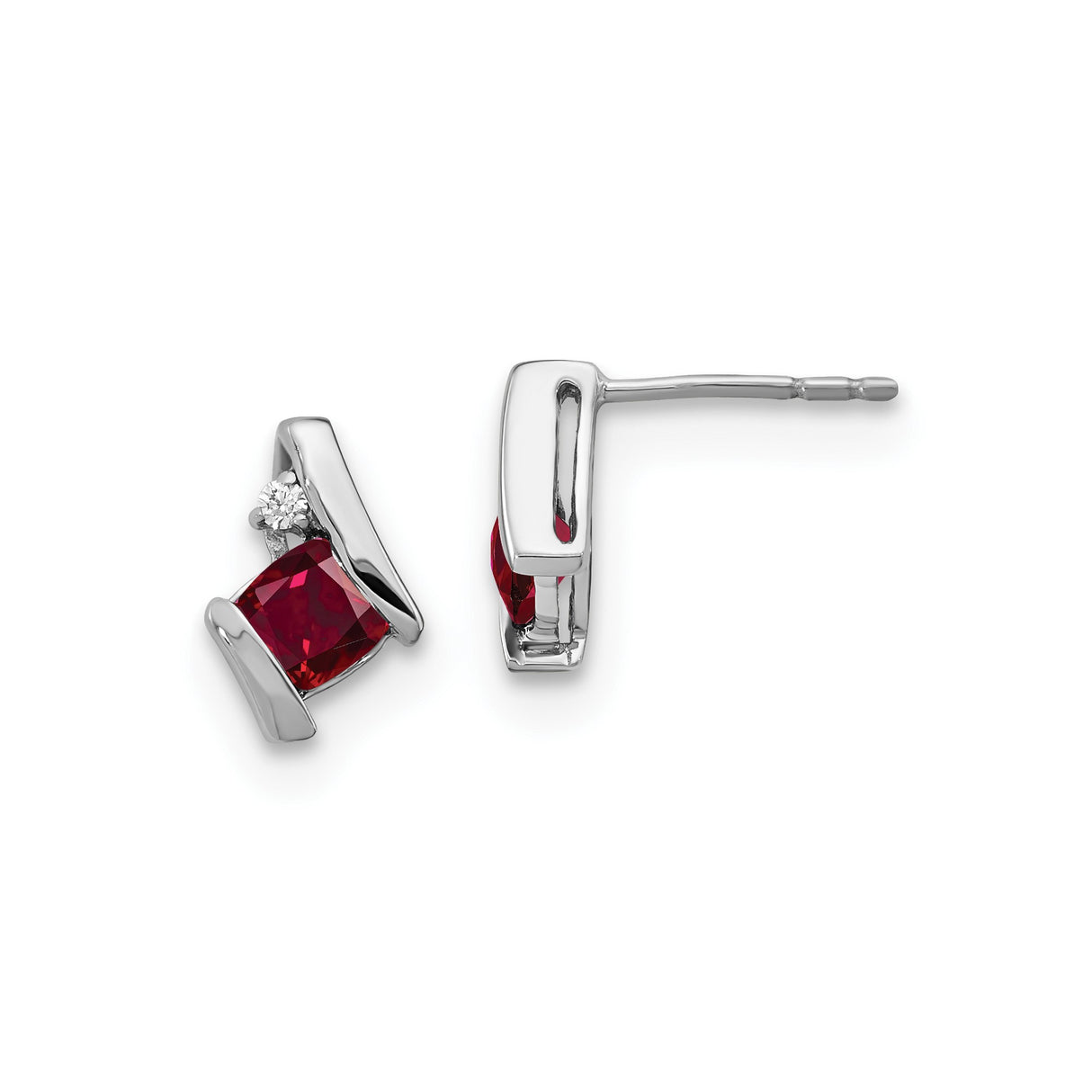 14k White Gold Stud Earrings with Created Ruby and Diamond Accents, Modern Square Design