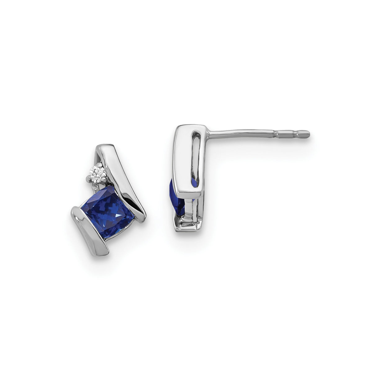 10k White Gold Stud Earrings with Created Sapphire and Diamond, Cushion Cut Design