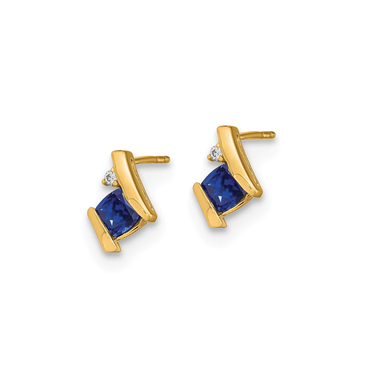 10k Yellow Gold Stud Earrings with Created Sapphire and Diamond, Princess Cut, Angular Design