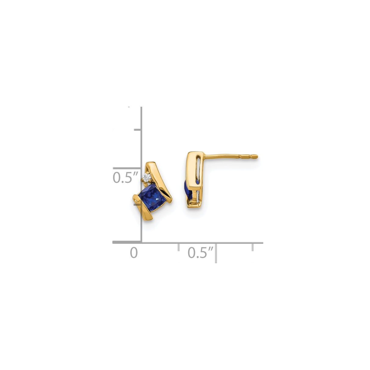 10k Yellow Gold Stud Earrings with Created Sapphire and Diamond, Princess Cut, Angular Design