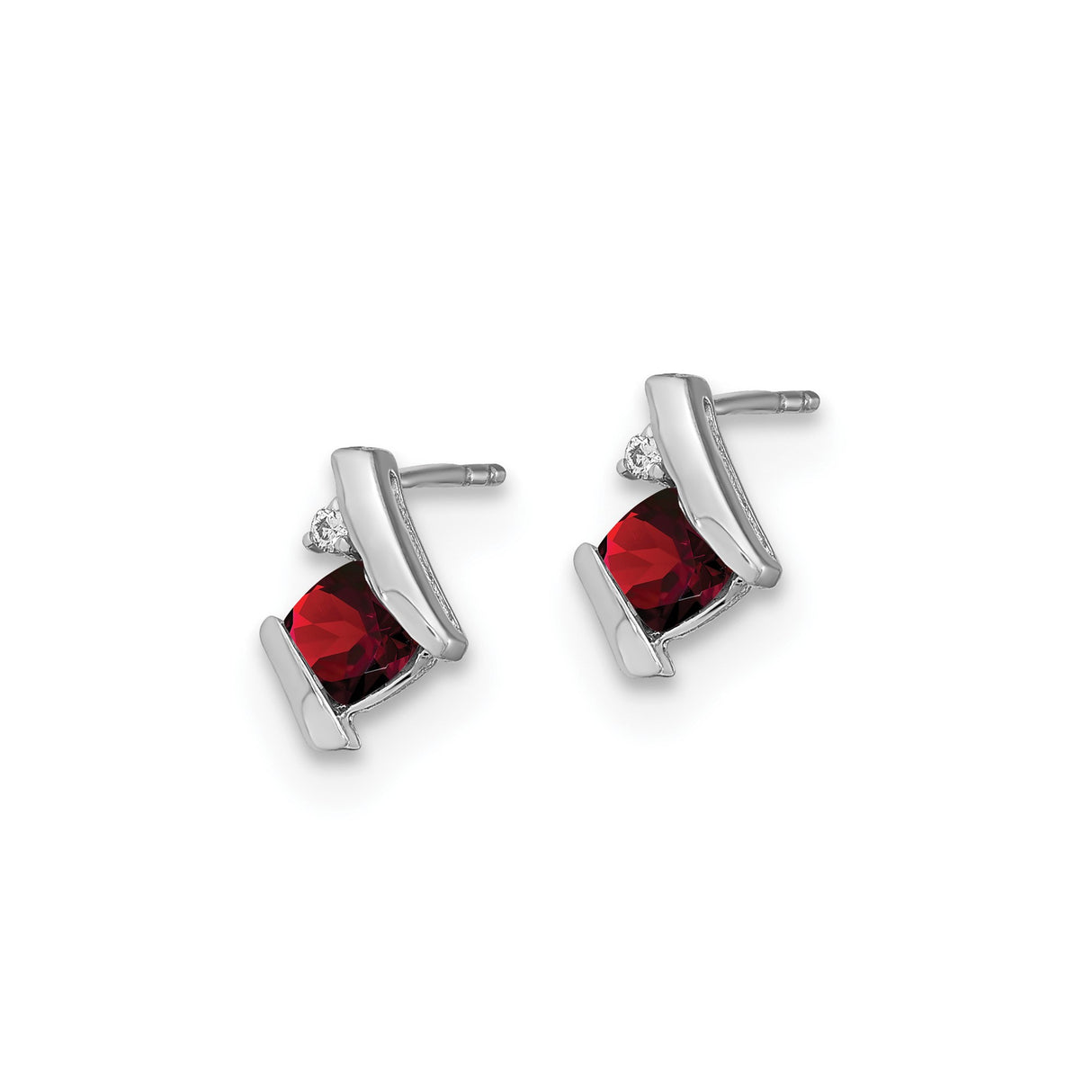 10k White Gold Stud Earrings with Square Garnet and Diamond Accents, Modern Design