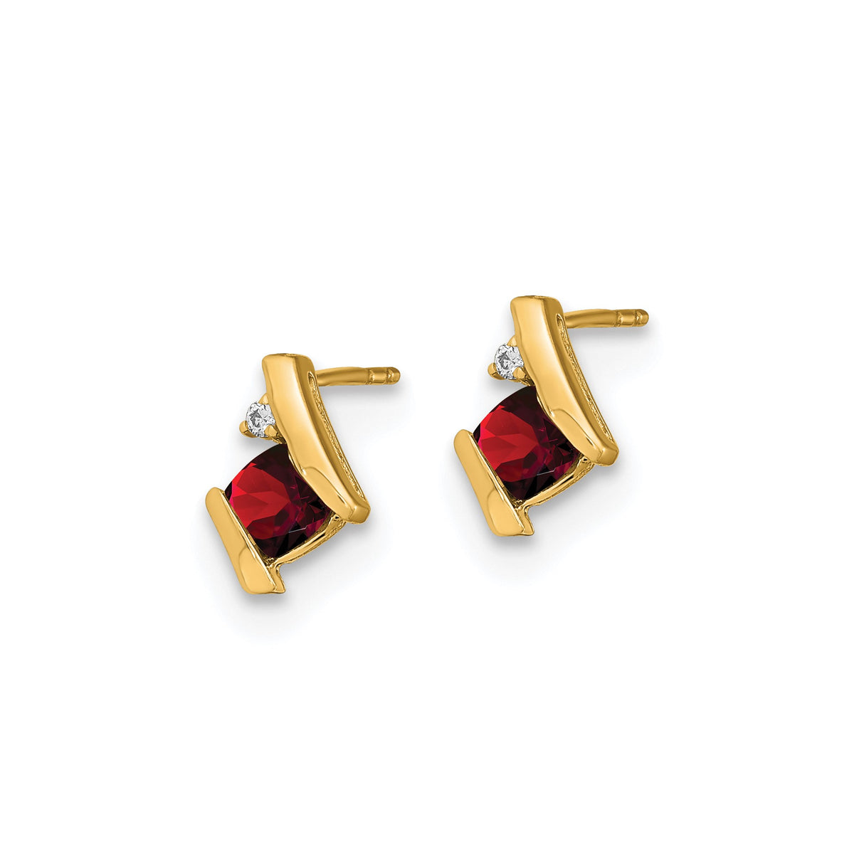 10k Yellow Gold Stud Earrings with Garnet and Diamond, Square Cushion Cut Design