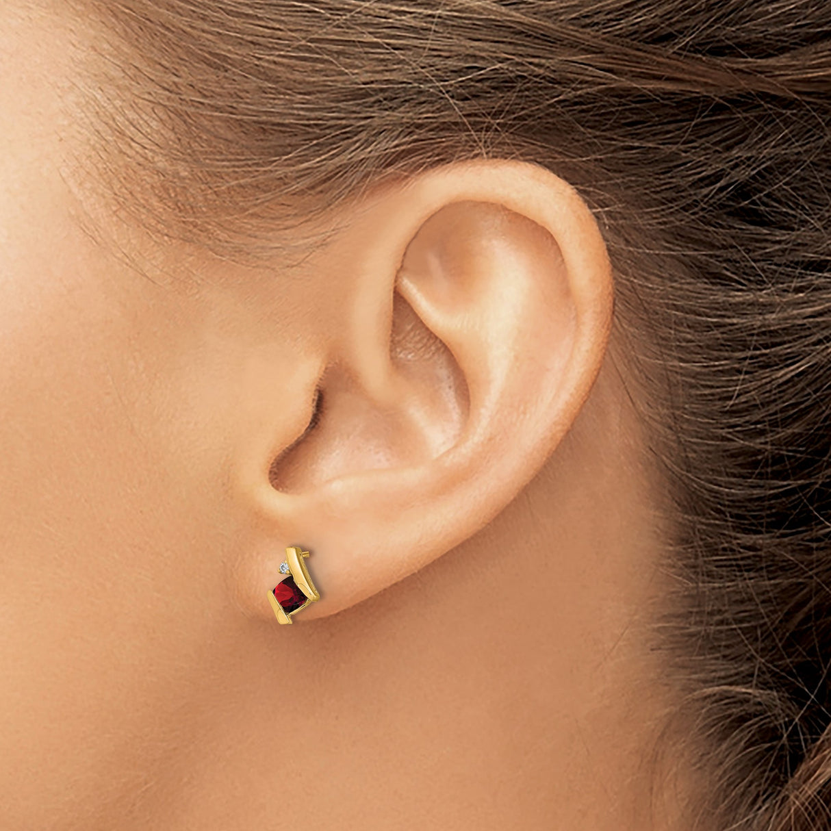 10k Yellow Gold Stud Earrings with Garnet and Diamond, Square Cushion Cut Design