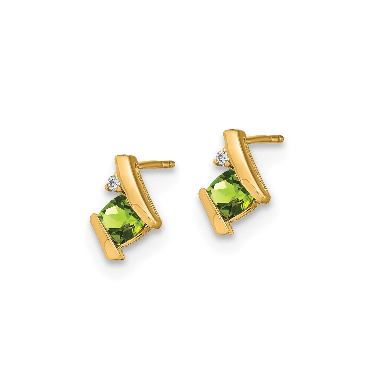 10k Yellow Gold Earrings with Square Cut Peridot and Diamond Accents, Asymmetrical Modern Design