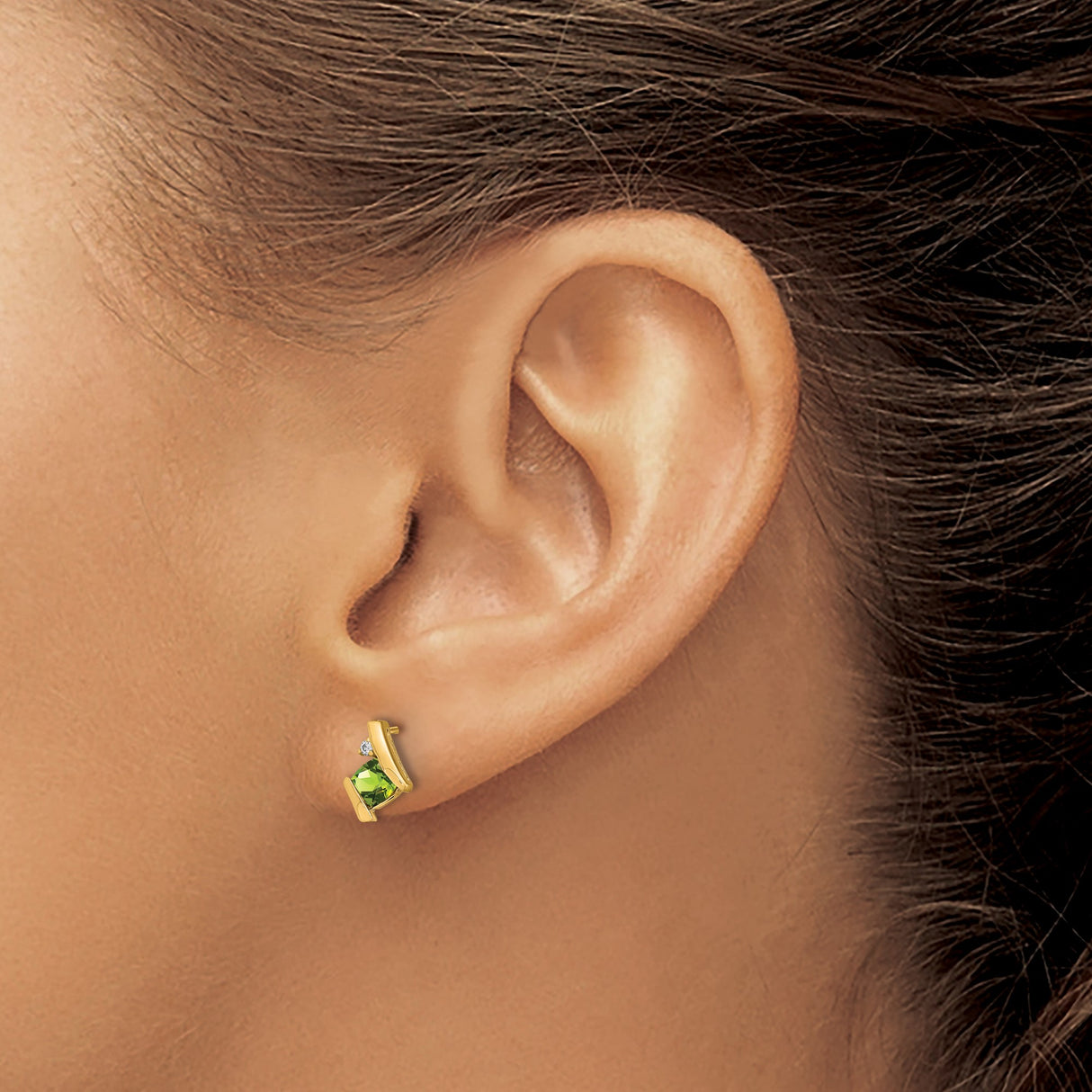 10k Yellow Gold Earrings with Square Cut Peridot and Diamond Accents, Asymmetrical Modern Design