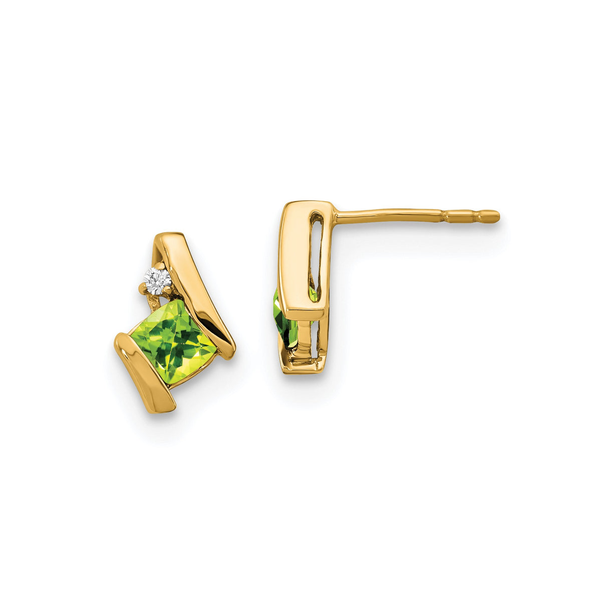 10k Yellow Gold Earrings with Square Cut Peridot and Diamond Accents, Asymmetrical Modern Design