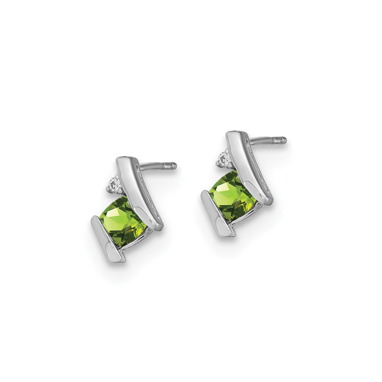 Sterling Silver Peridot Stud Earrings with Diamond Accents, Square Cut Green Gemstone Studs