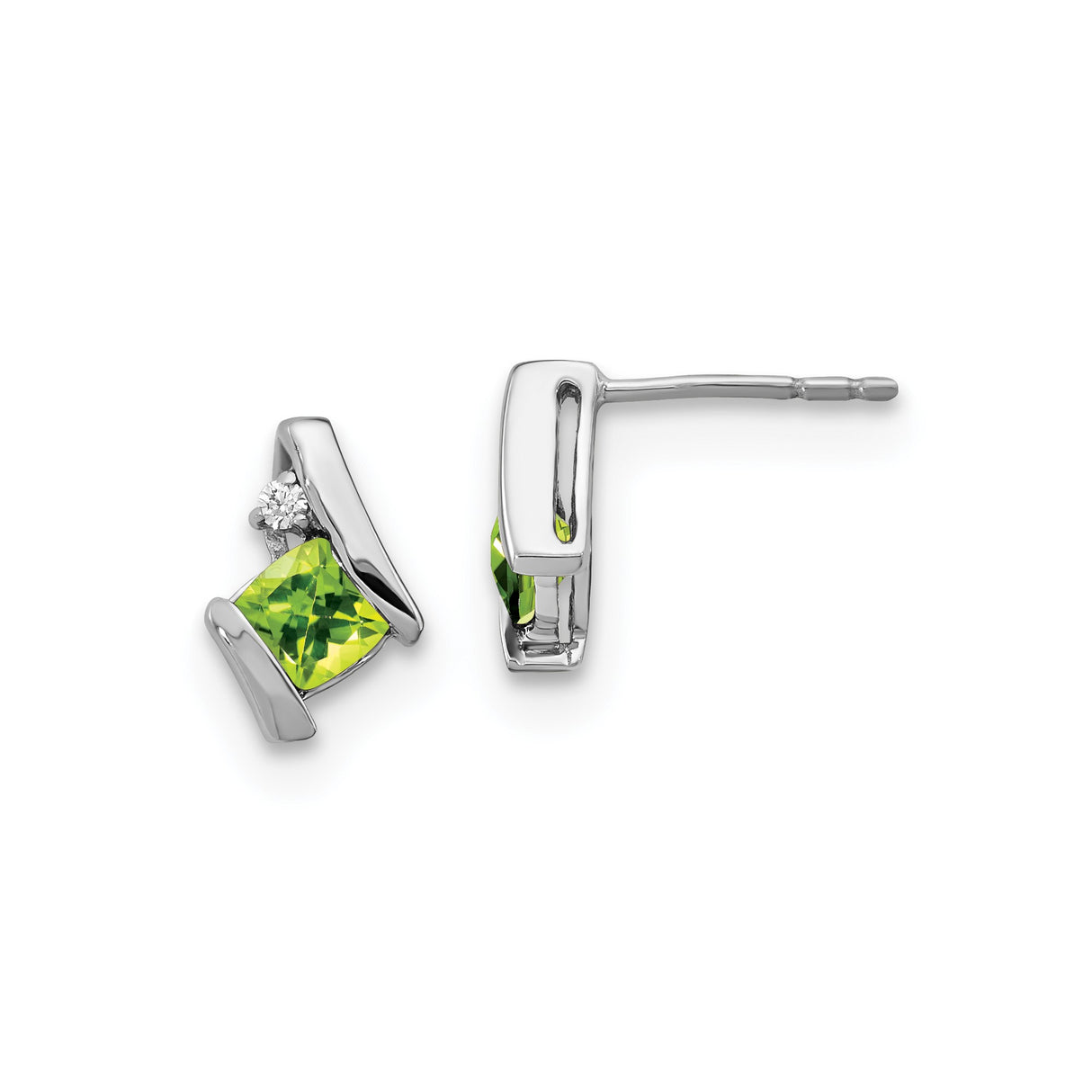 Sterling Silver Peridot Stud Earrings with Diamond Accents, Square Cut Green Gemstone Studs
