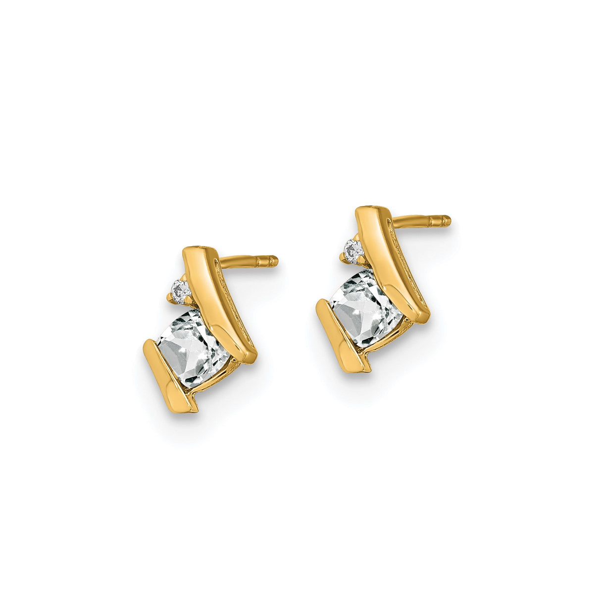 10k Yellow Gold Stud Earrings with White Topaz and Diamond, Square Cut, Modern Geometric Design