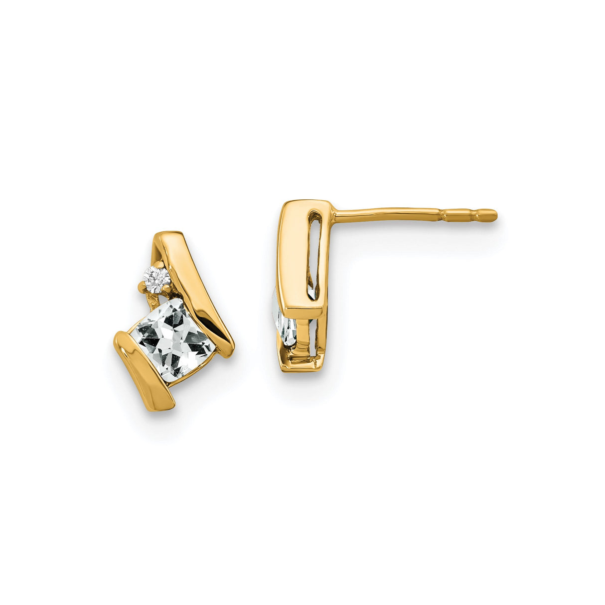 10k Yellow Gold Stud Earrings with White Topaz and Diamond, Square Cut, Modern Geometric Design