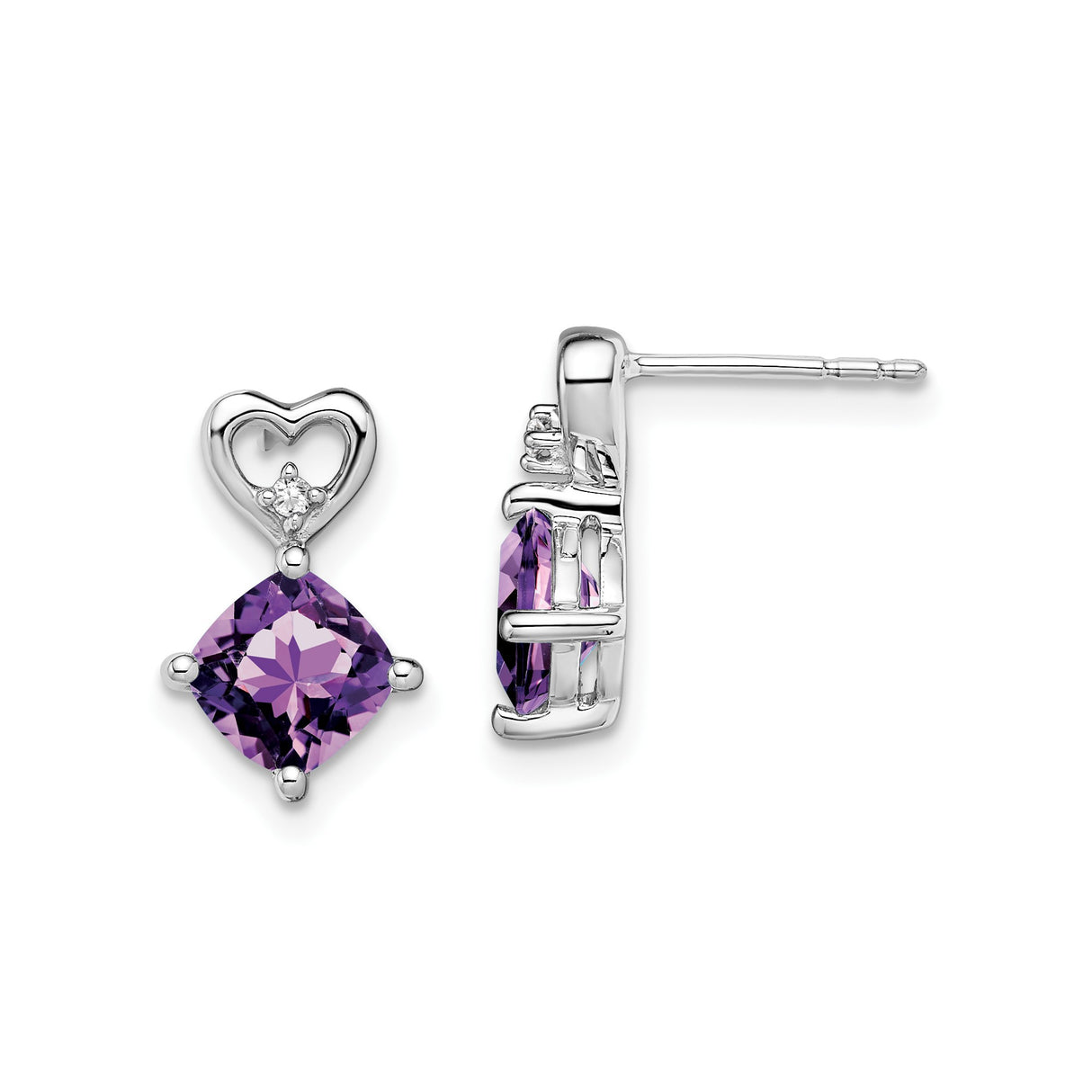 14k White Gold Dangle Earrings with Cushion Cut Amethyst and Diamond Accents, Heart Design