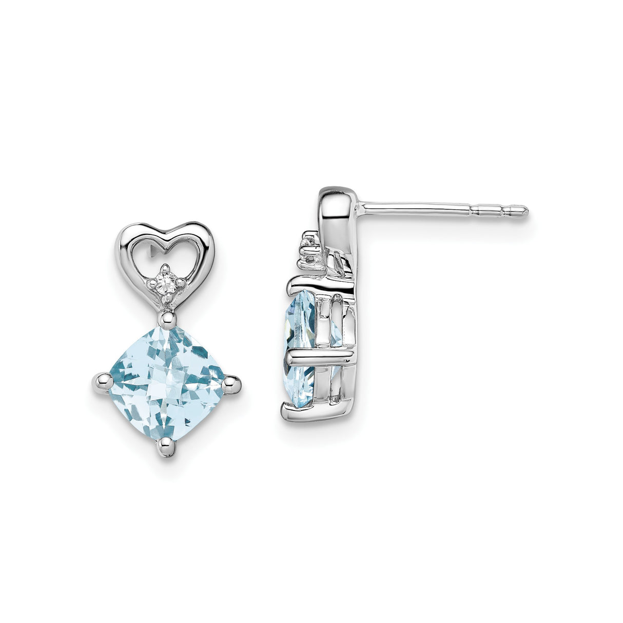 14k White Gold Dangle Earrings with Aquamarine and Diamond Heart Design