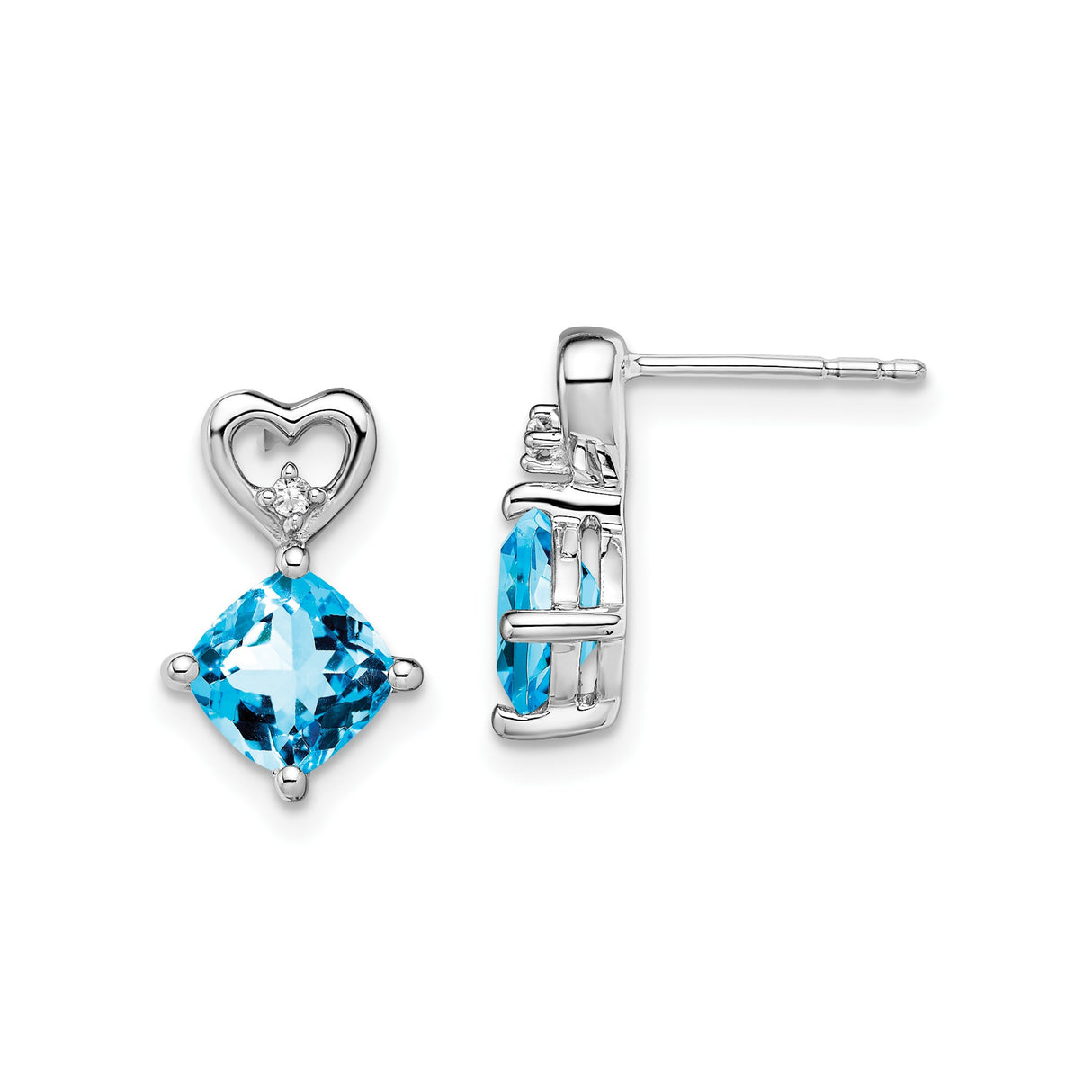 14k White Gold Dangle Earrings with Swiss Blue Topaz and Diamond Accents, Heart Design