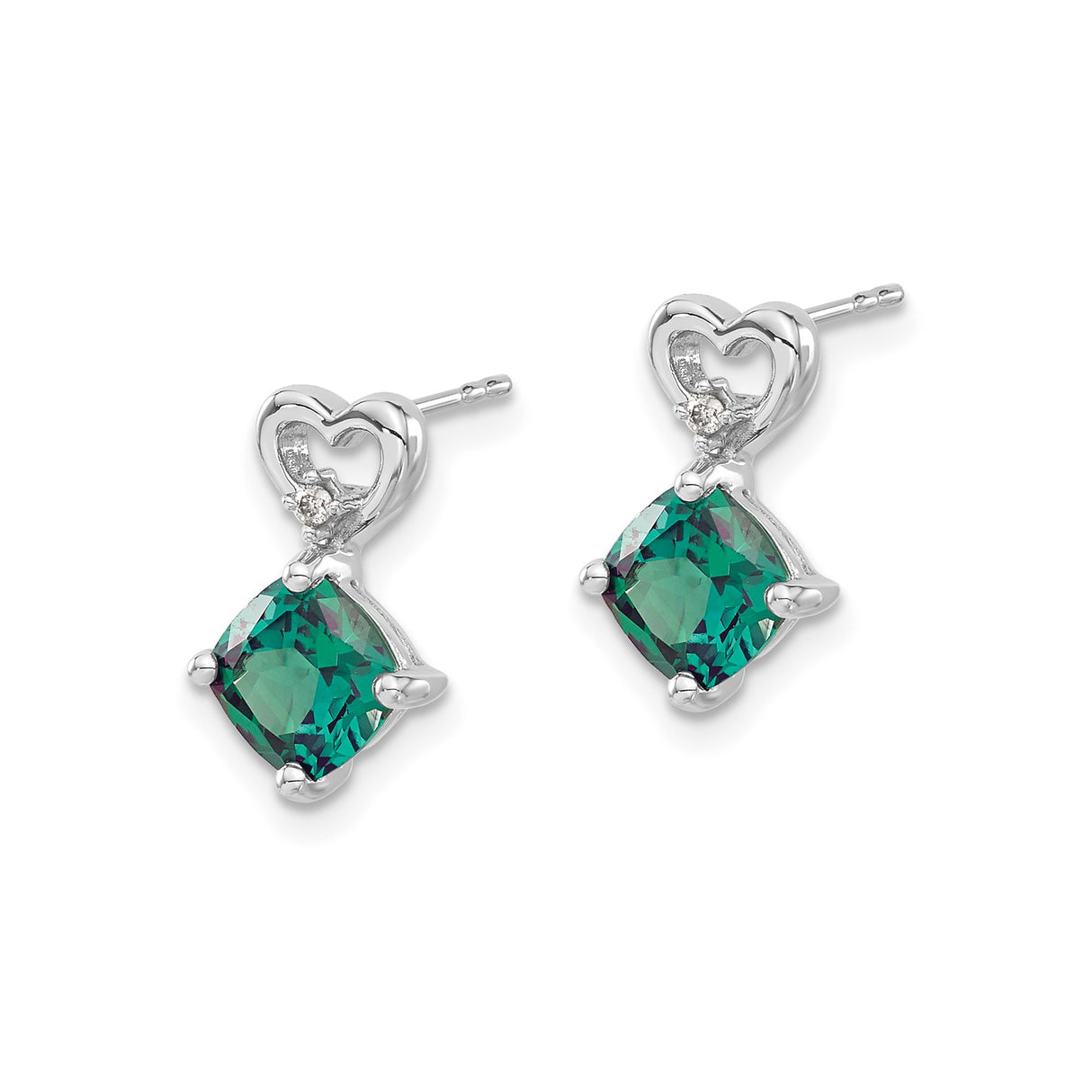 14k White Gold Dangle Earrings with Created Alexandrite and Diamond Heart Design