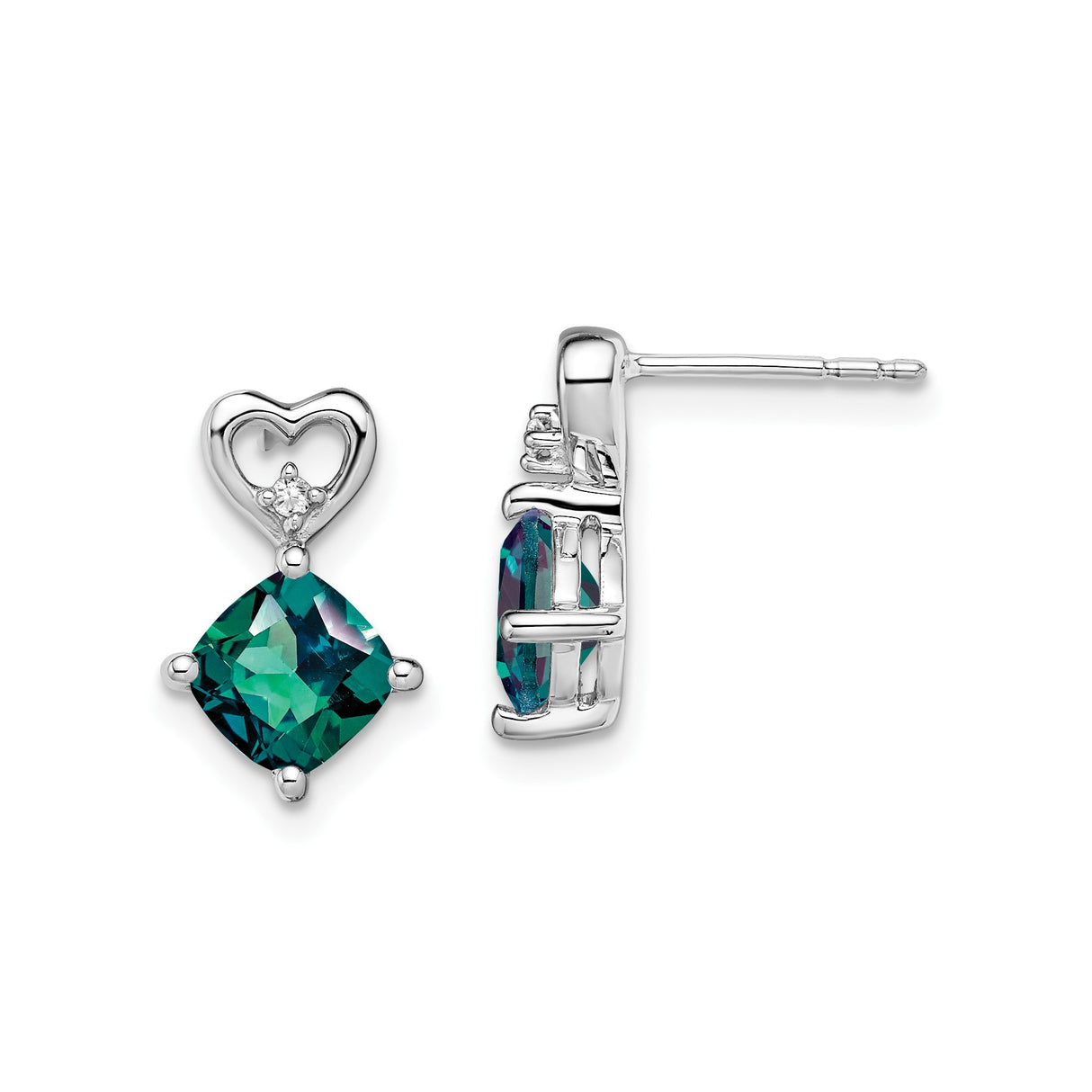 14k White Gold Dangle Earrings with Created Alexandrite and Diamond Heart Design