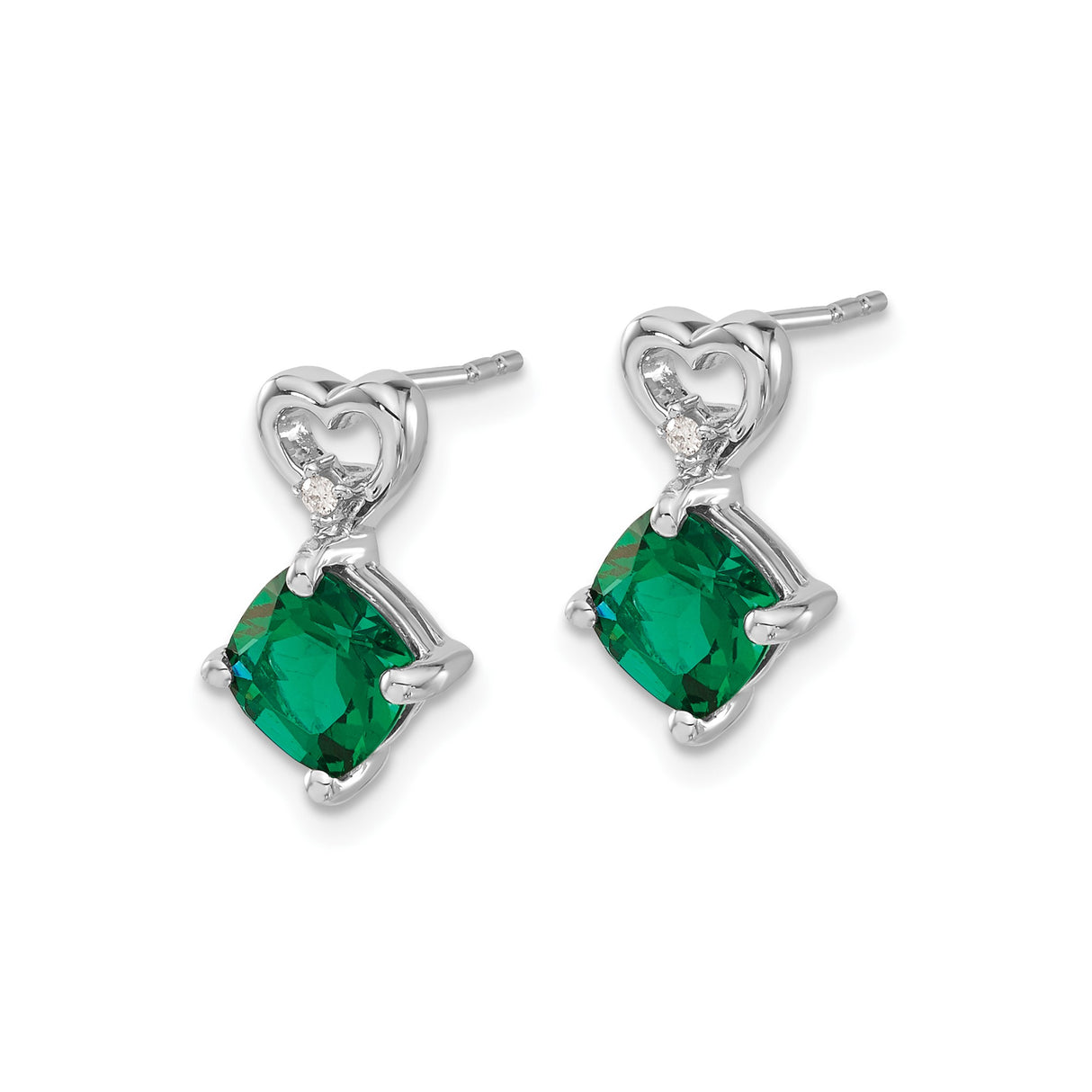 14k White Gold Heart Stud Earrings with Created Emerald and Diamond Accent