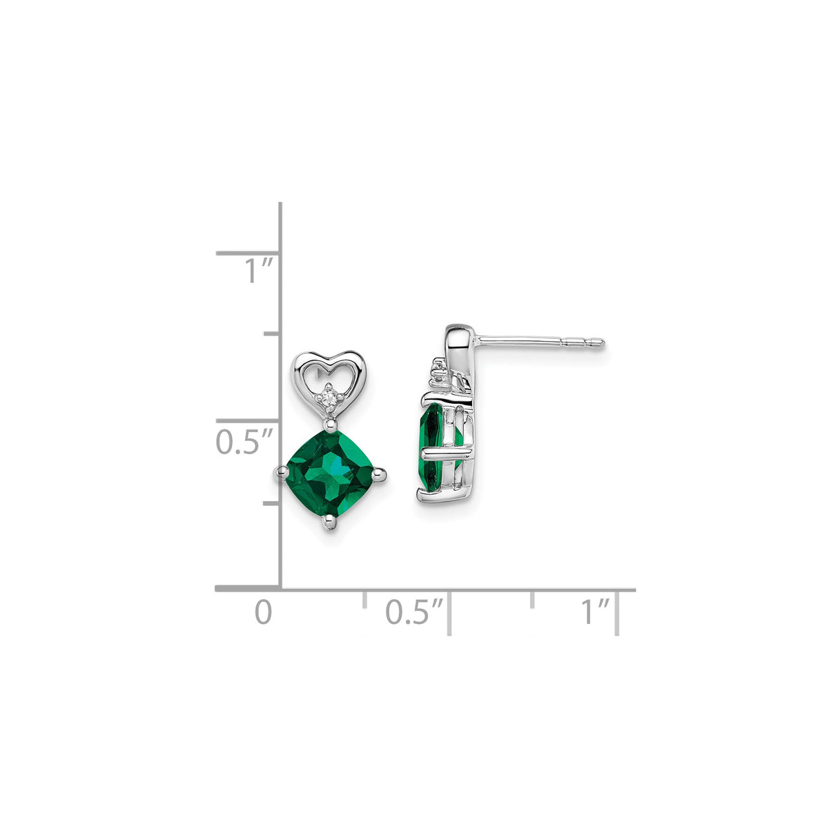 14k White Gold Heart Stud Earrings with Created Emerald and Diamond Accent