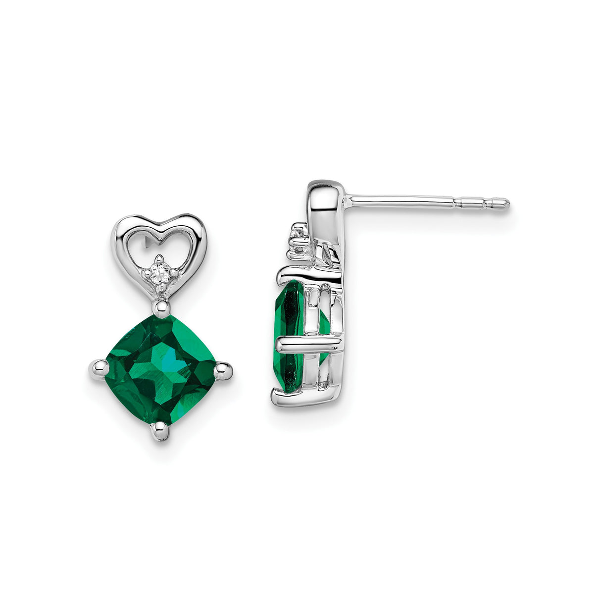 14k White Gold Heart Stud Earrings with Created Emerald and Diamond Accent