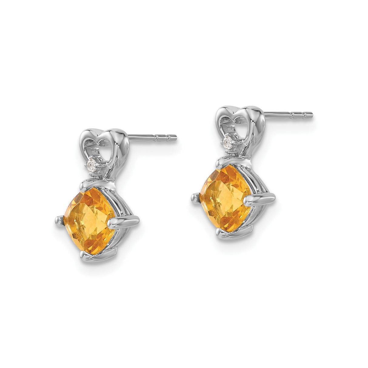 14k White Gold Heart Shaped Earrings with Cushion Cut Citrine and Diamond Accent