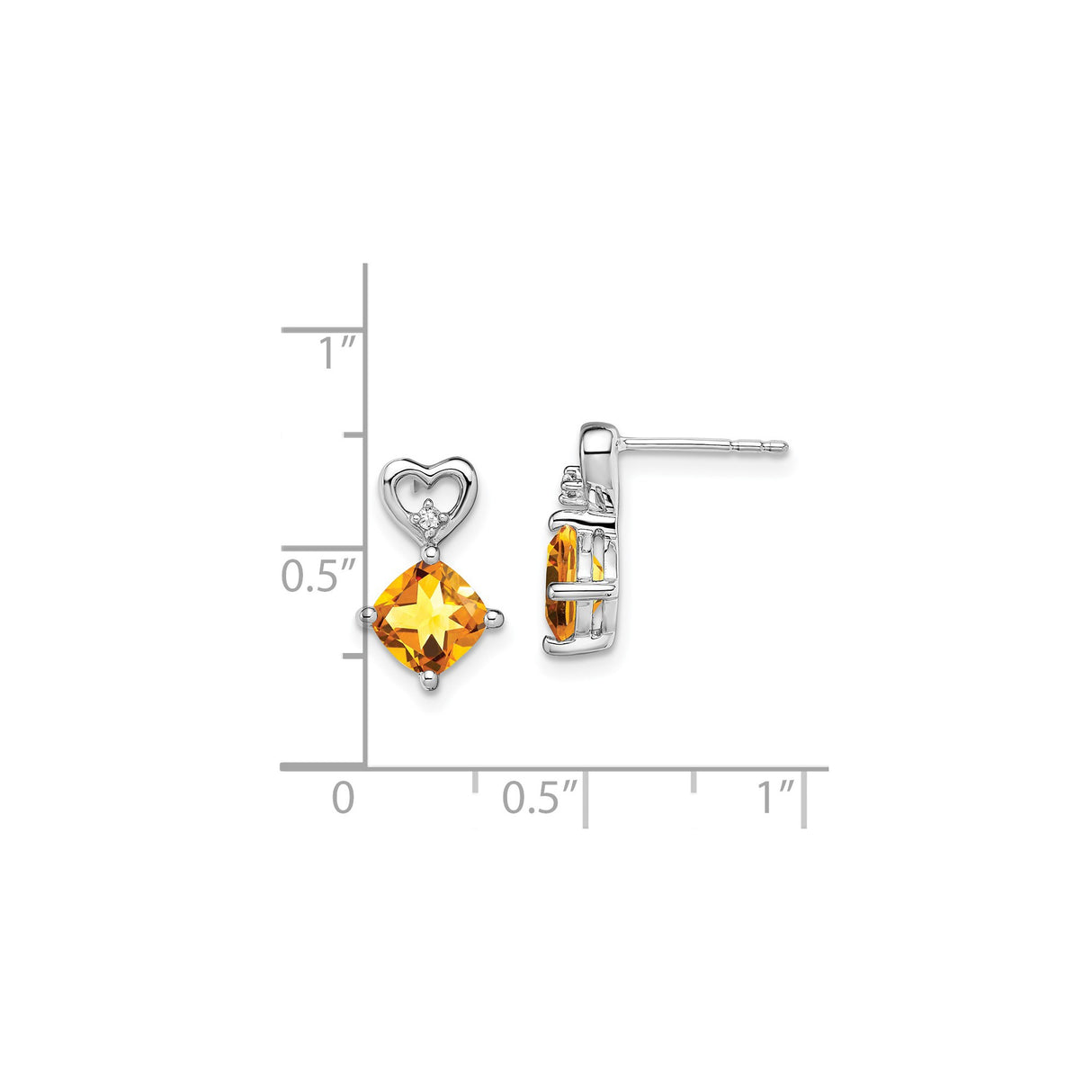 14k White Gold Heart Shaped Earrings with Cushion Cut Citrine and Diamond Accent