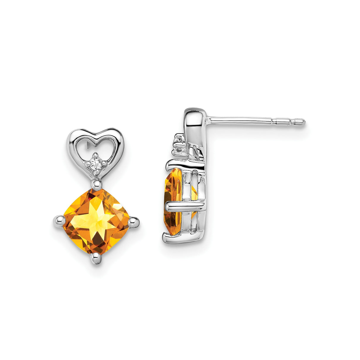 14k White Gold Heart Shaped Earrings with Cushion Cut Citrine and Diamond Accent