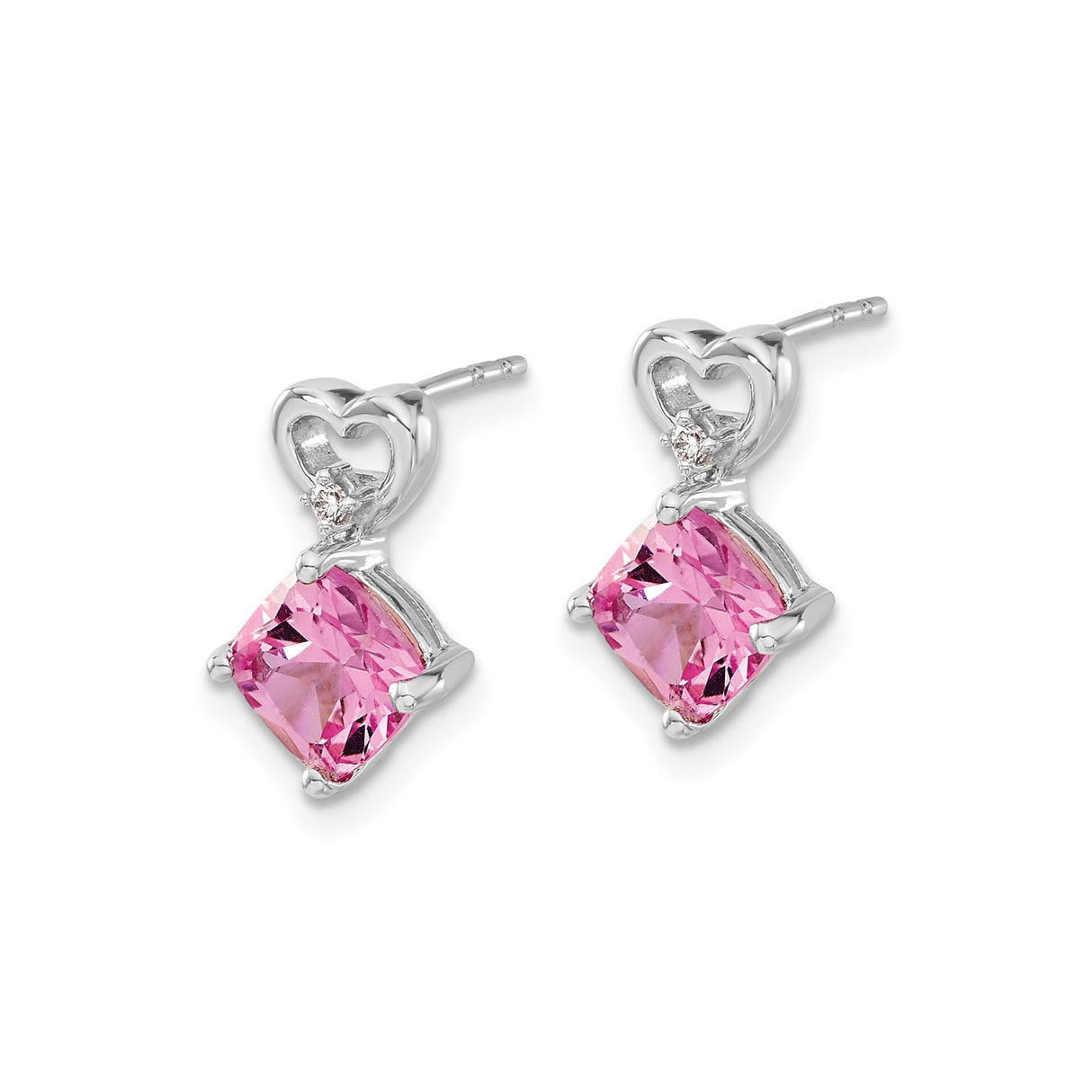 14k White Gold Heart Earrings with Created Pink Sapphire and Diamond Accents for Women