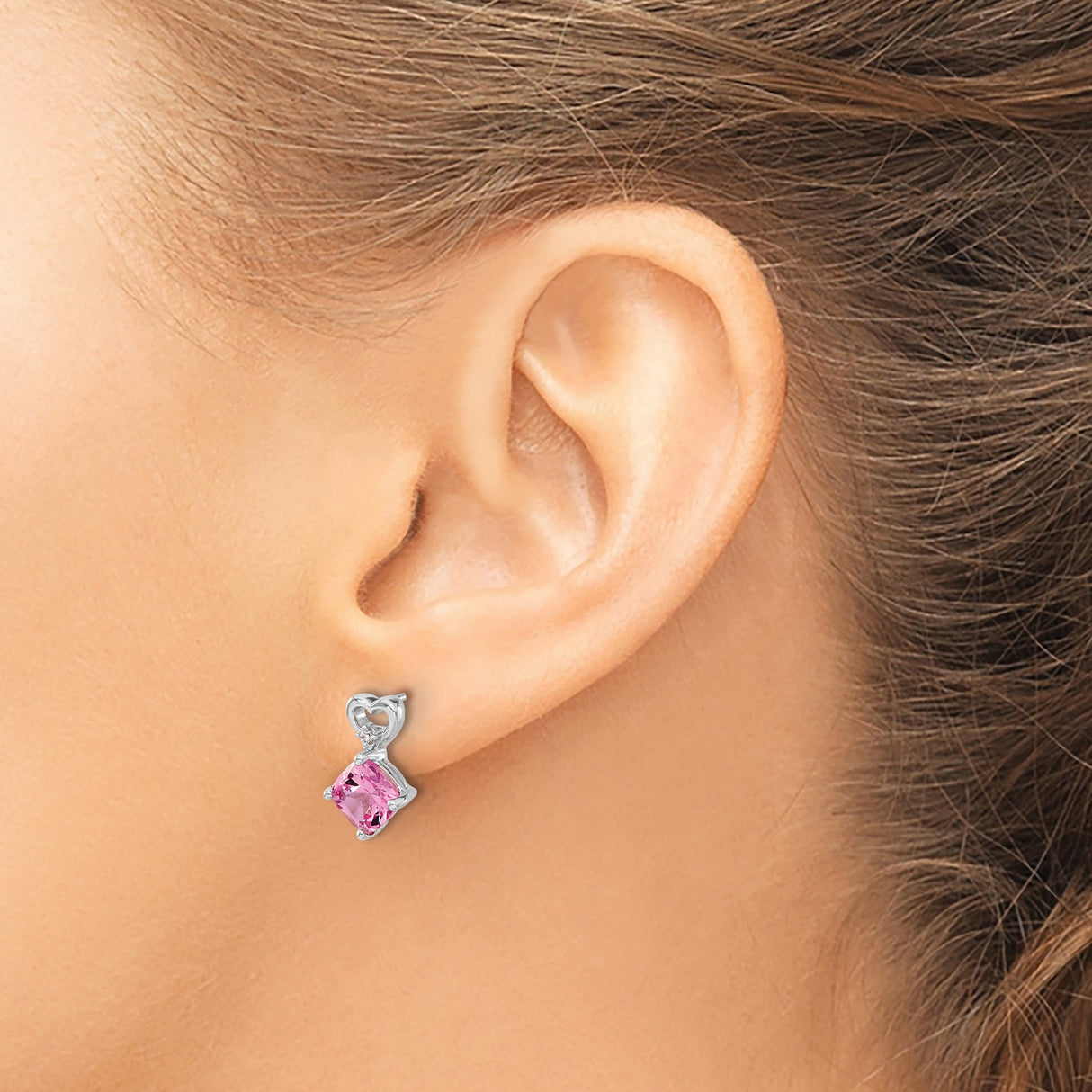 14k White Gold Heart Earrings with Created Pink Sapphire and Diamond Accents for Women