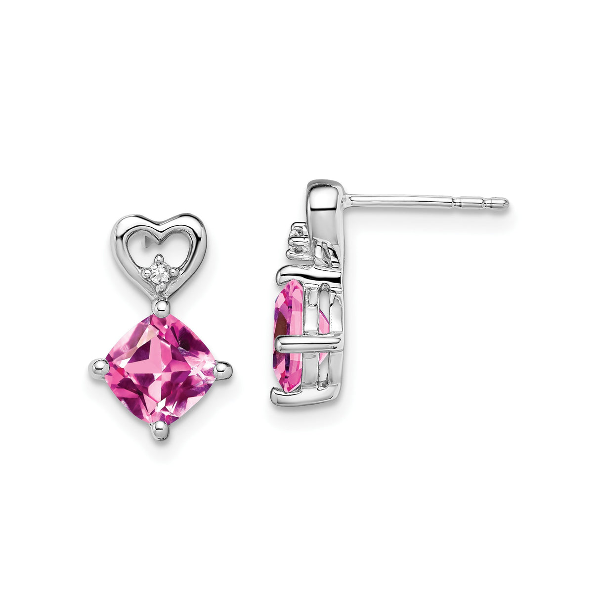 14k White Gold Heart Earrings with Created Pink Sapphire and Diamond Accents for Women