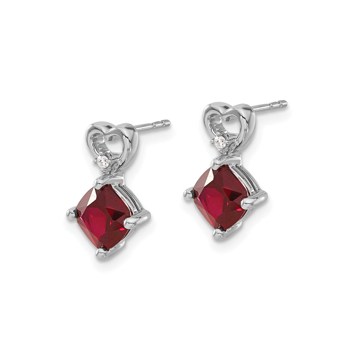 14k White Gold Heart Dangle Earrings with Created Ruby and Diamond Accent