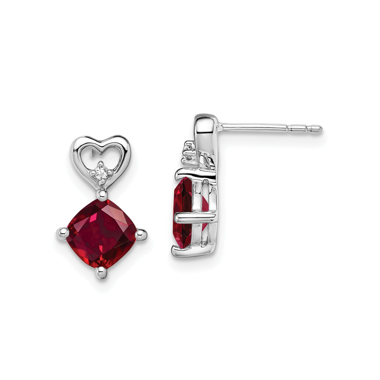 14k White Gold Heart Dangle Earrings with Created Ruby and Diamond Accent