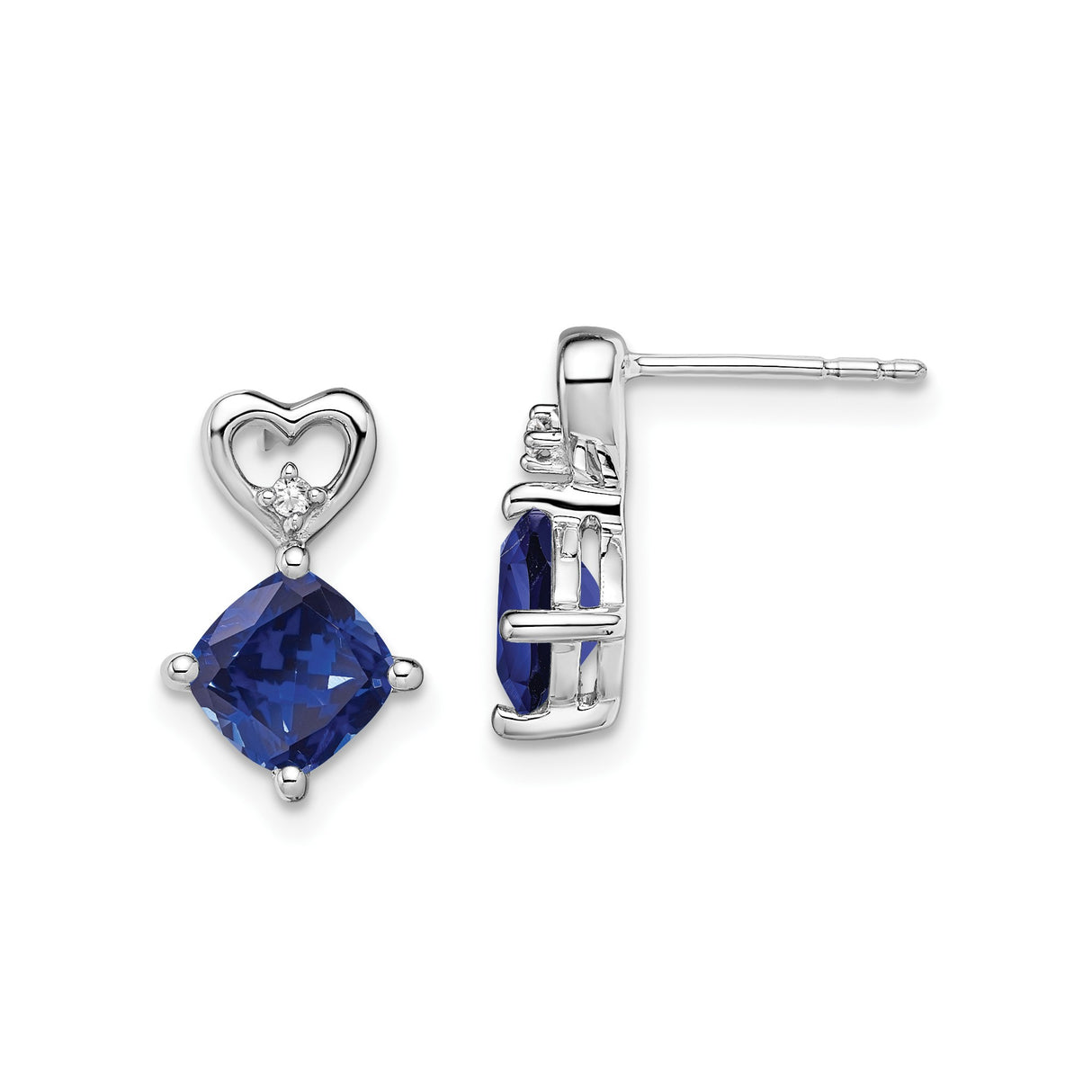14k White Gold Heart Shaped Stud Earrings with Created Sapphire and Diamond Accents