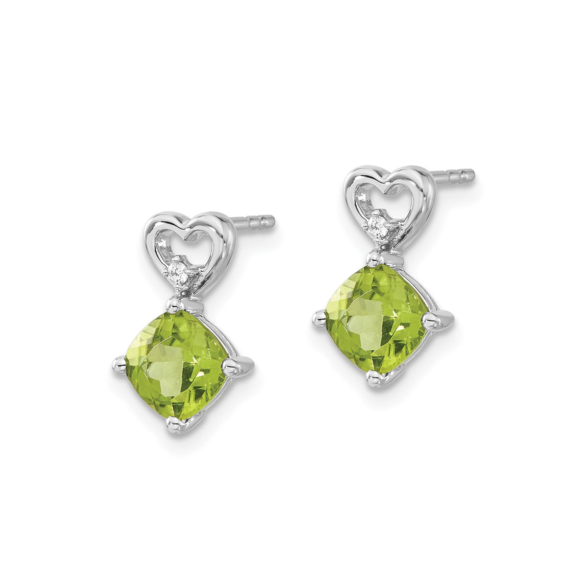 14k White Gold Stud Earrings with Cushion Cut Peridot and Diamond Accents, Heart Design