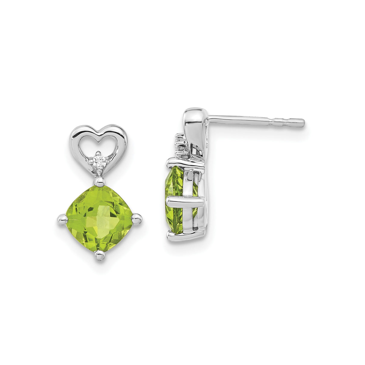 14k White Gold Stud Earrings with Cushion Cut Peridot and Diamond Accents, Heart Design