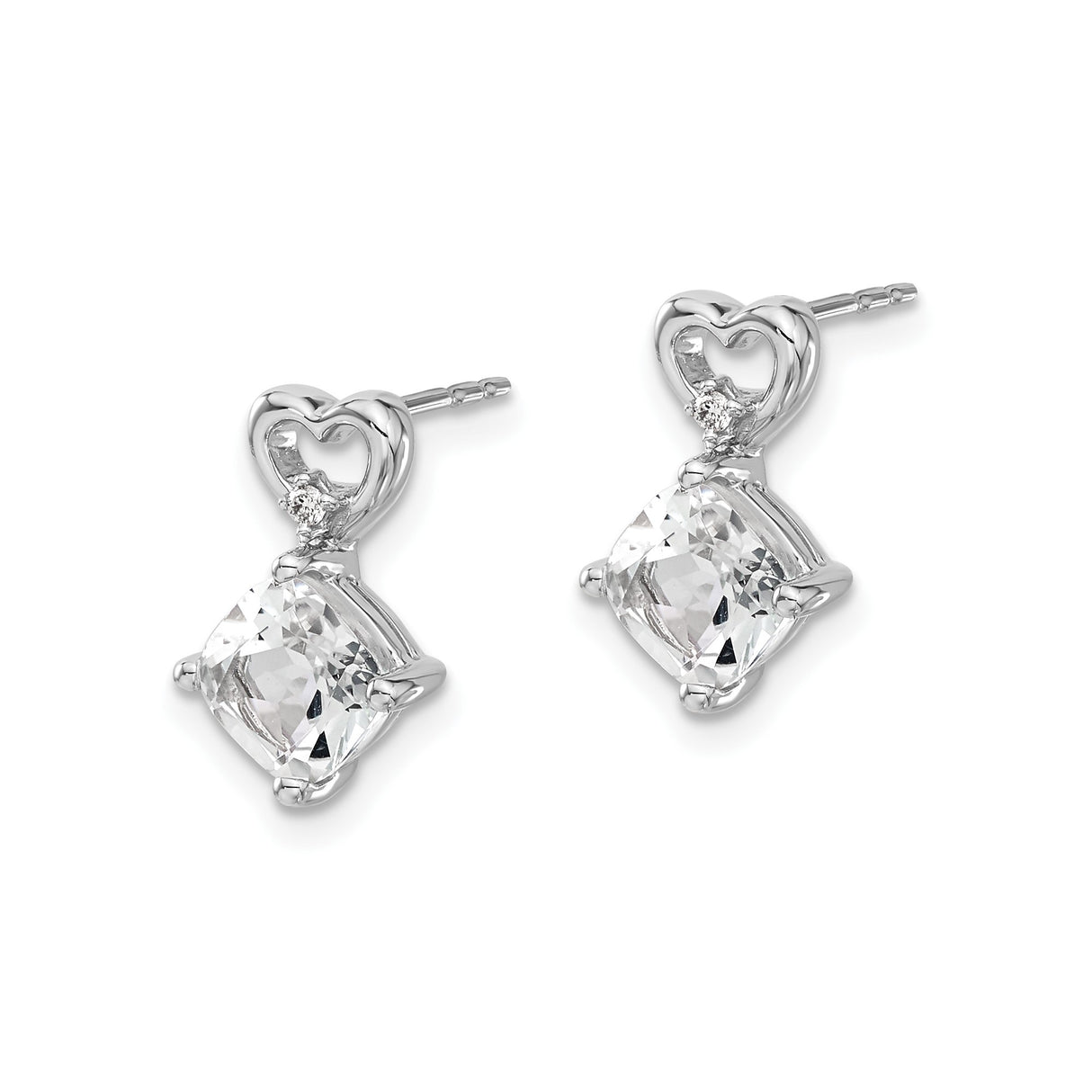14k White Gold Dangle Earrings with Cushion Cut White Topaz, Heart Drop Design, Diamond Accents