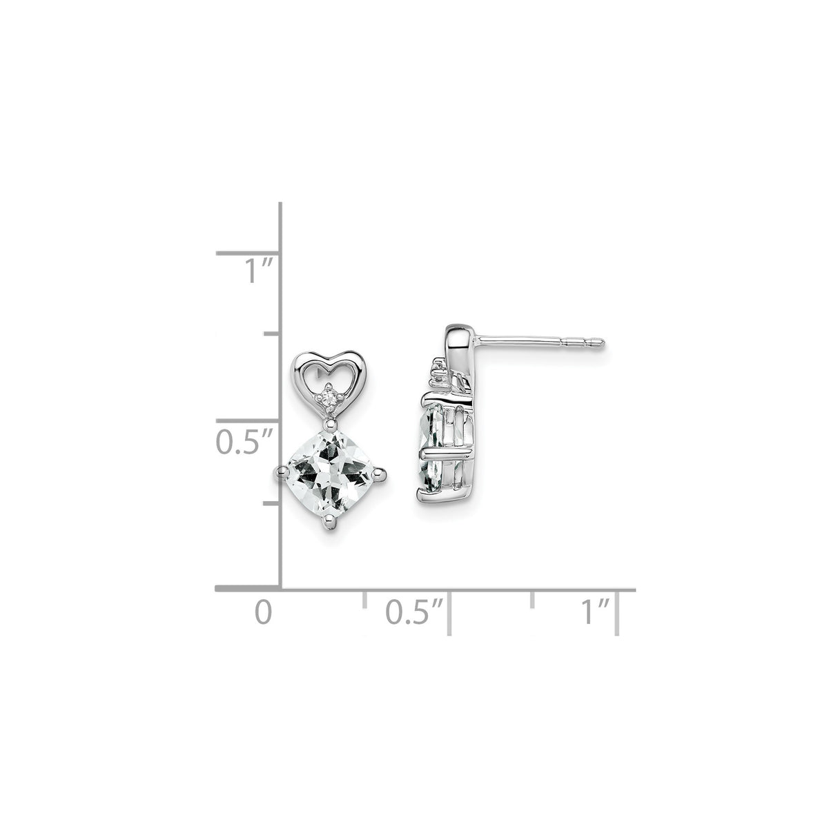 14k White Gold Dangle Earrings with Cushion Cut White Topaz, Heart Drop Design, Diamond Accents