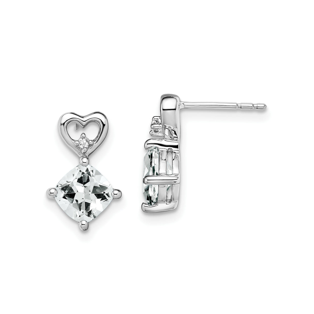 14k White Gold Dangle Earrings with Cushion Cut White Topaz, Heart Drop Design, Diamond Accents