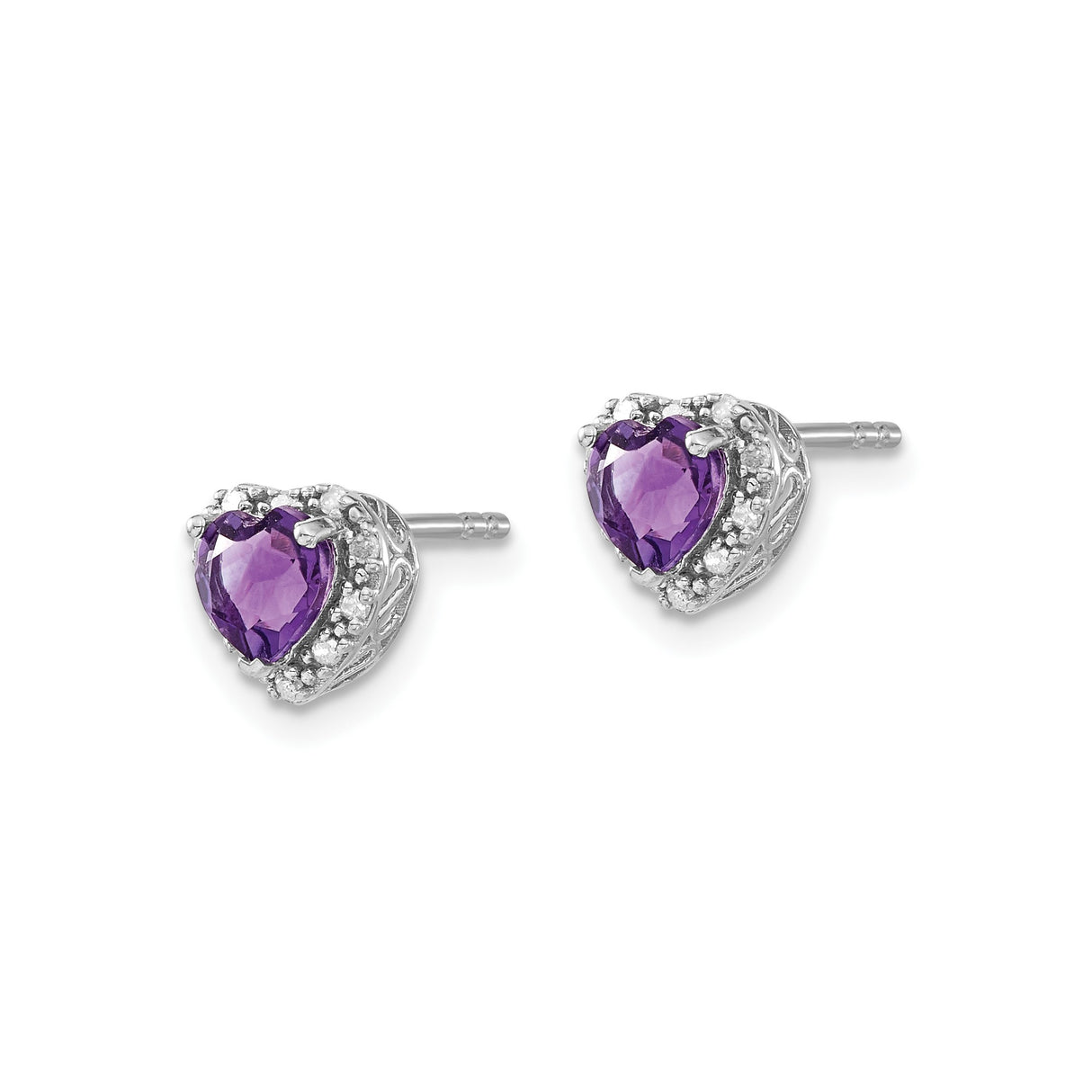Sterling Silver Heart Stud Earrings with Amethyst and Diamond Accents, Romantic Openwork Design