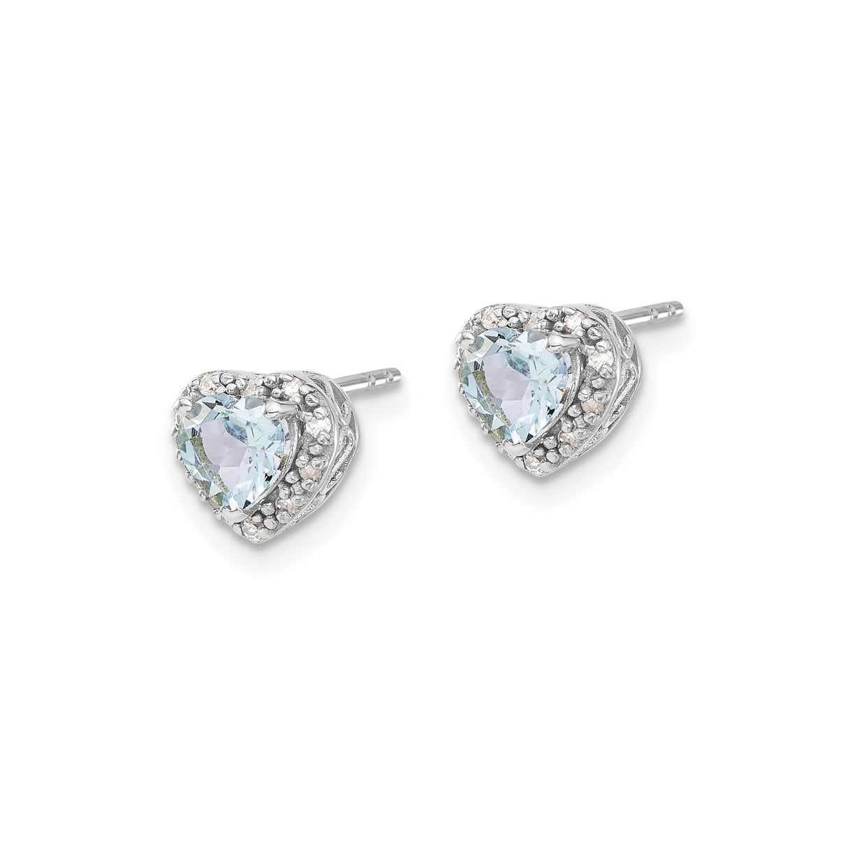 Sterling Silver Heart Stud Earrings with Aquamarine and Diamond Accents