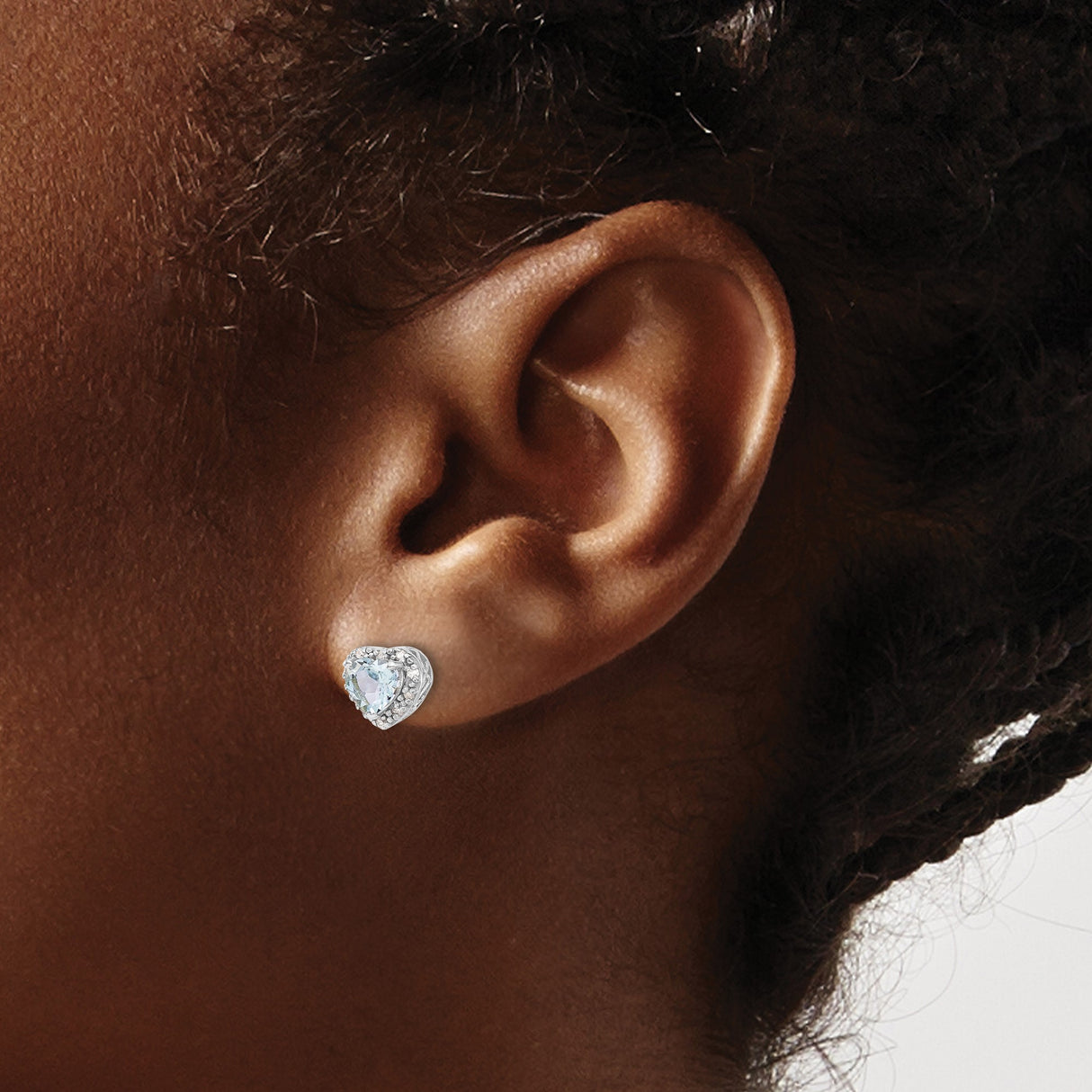 Sterling Silver Heart Stud Earrings with Aquamarine and Diamond Accents