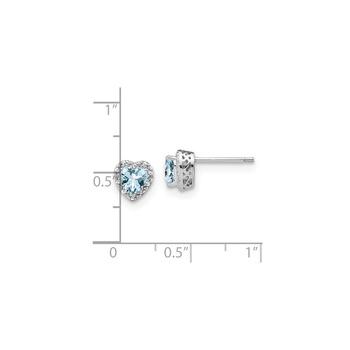 Sterling Silver Heart Stud Earrings with Aquamarine and Diamond Accents