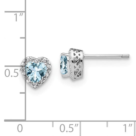 Sterling Silver Heart Stud Earrings with Aquamarine and Diamond Accents