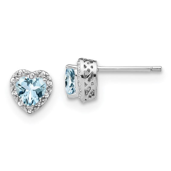 Sterling Silver Heart Stud Earrings with Aquamarine and Diamond Accents