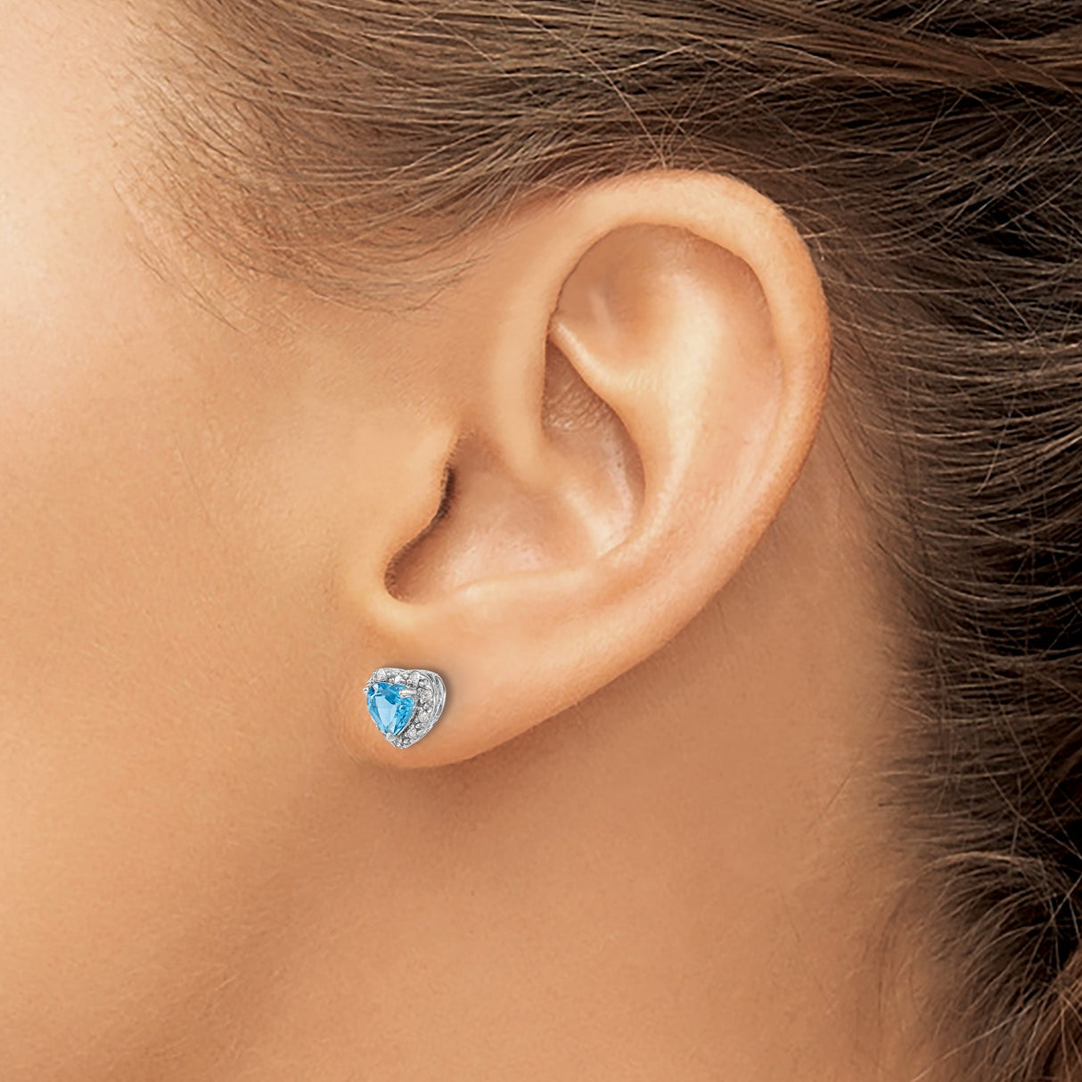 Sterling Silver Heart Stud Earrings with Swiss Blue Topaz and Diamond Accents